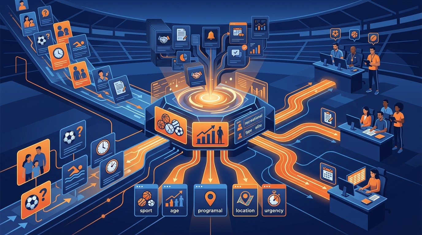 Sports data hub linking programs, people, schedules, locations, and analytics